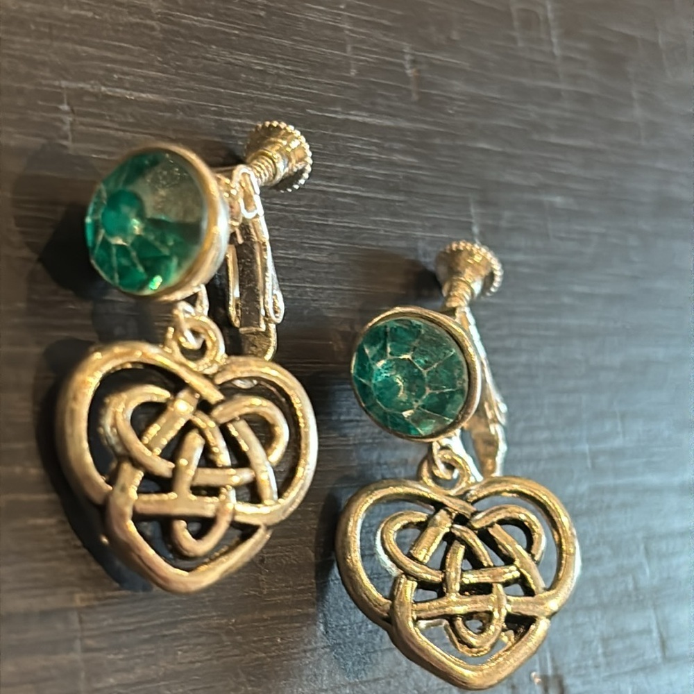 Silver Celtic Knot Drop Dangle Earrings Green Gemstone Rhinestone Screw Back - Picture 2 of 5